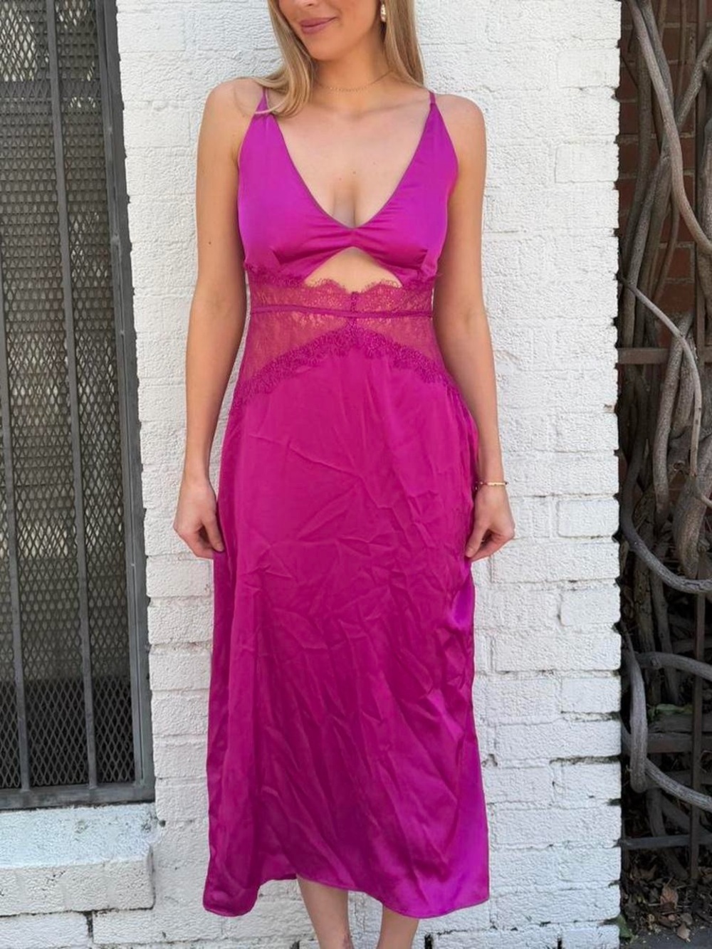 Pink maxi dress with lace trim and cutout detail Sz L #fairycore #party